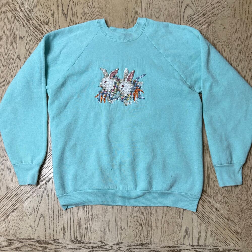 VTG Fruit of the Loom Large Teal Cross Stitch Bunny Sweatshirt Vintage